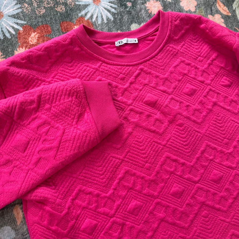 Zara Hot Pink Textured Geometric Matelasse Crewneck Sweatshirt Womens Large